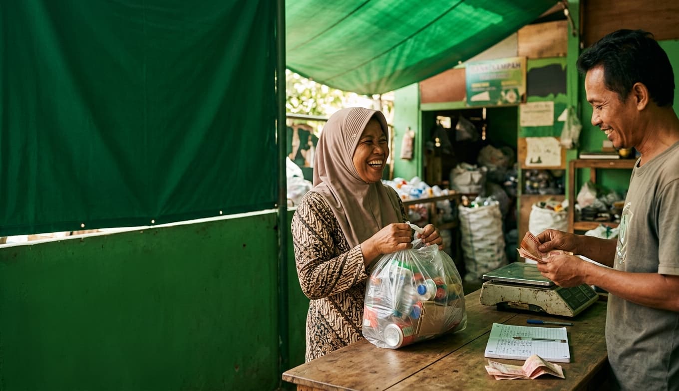 Seorang ibu sedang menyerahkan kantong berisi sampah daur ulang di sebuah Bank Sampah, sambil tertawa hangat bersama petugas.